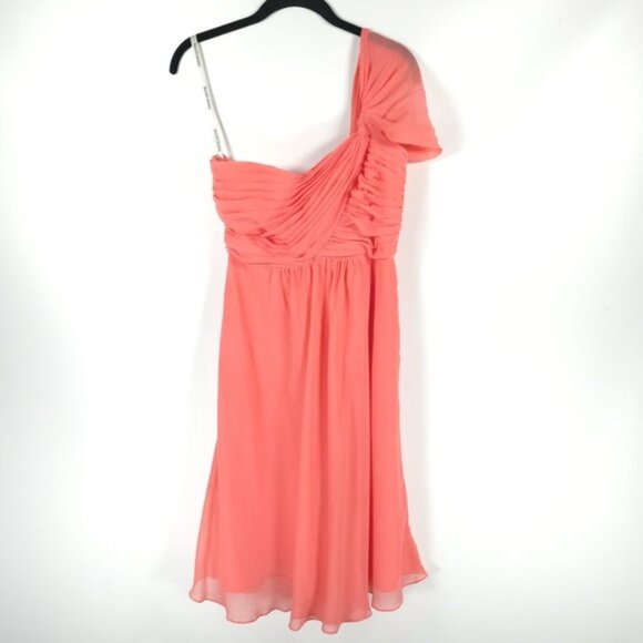 DAVID’S‎ BRIDAL One Shoulder Ruffle Ruched Faux Wrap Chiffon Sheer Dress Size 6 - Picture 6 of 12